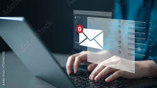 Konstfotografi email, inbox, zero, read, archive, clean, productivity, A person typing on a laptop with digital email inbox notification, representing inbox zero, message management, and productivity workflow