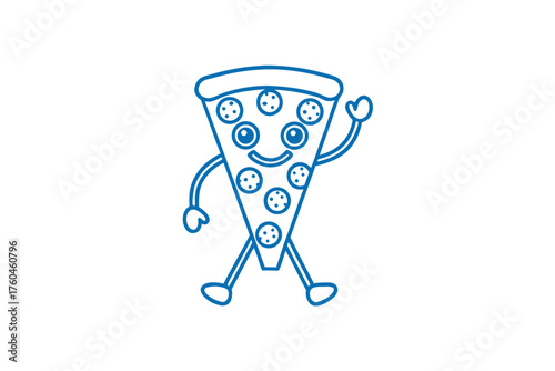 Animated slice of pepperoni pizza with arms waves hello cheerfully in blue outline
