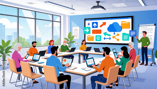 Team collaboration in a bright office space with technology
