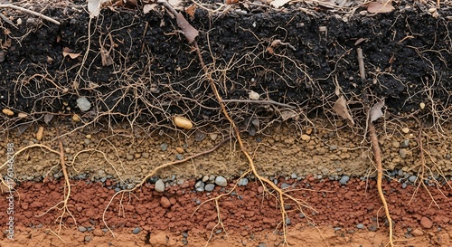 A crosssection of soil layers shows the different horizons and root systems