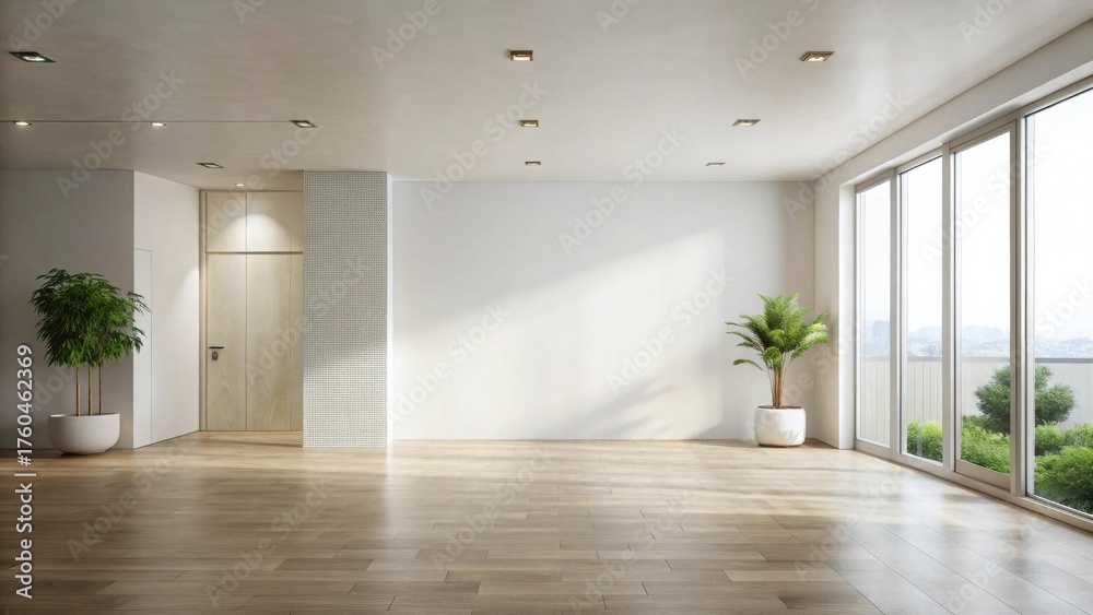 Obraz premium Bright, airy, minimalist apartment interior design with hardwood floors, large windows, and potted plants showcasing a clean, modern aesthetic