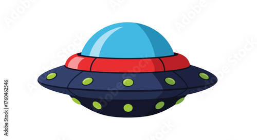A brightly colored cartoon illustration of a classic flying saucer spaceship