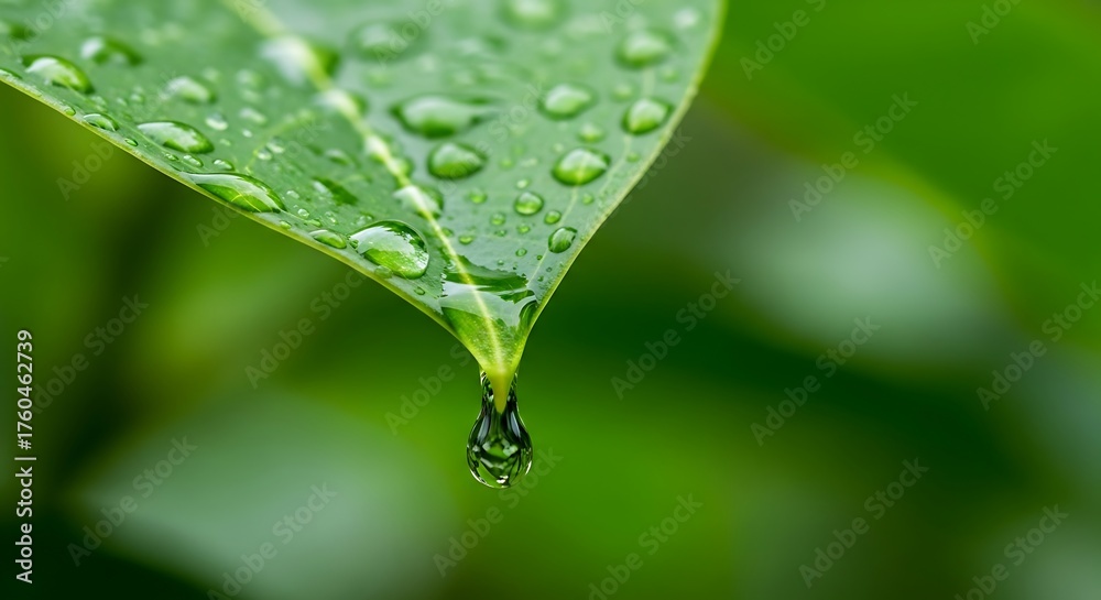 Fototapeta premium Closeup of a green leaf with water droplets and a single drop hanging