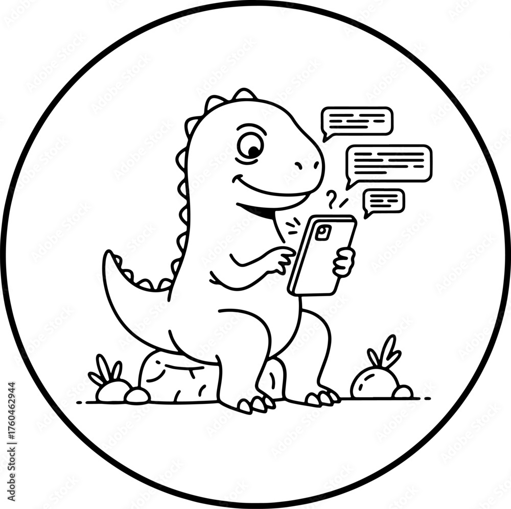Obraz premium Cute cartoon dinosaur with a smartphone texting in a circle with plants and rocks