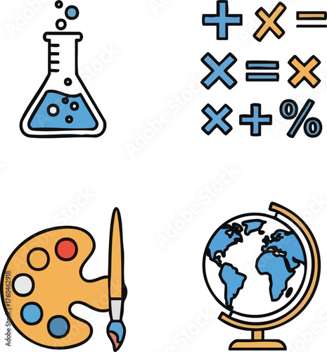 Collection of educational icons representing science art math and geography.