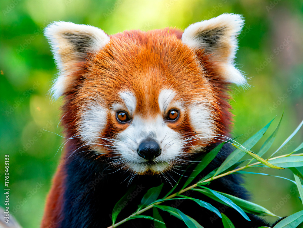 Fototapeta premium Close-up of a red panda's face with vibrant orange fur and expressive eyes against a green blurred background in a zoo or wild setting.