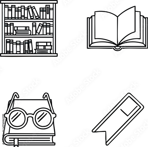 Bookish Icons Bookshelf Open Book Glasses on Book and Bookmark.