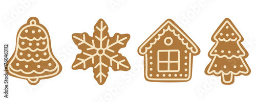 Decorative gingerbread cookies in holiday shapes including a bell, snowflake, house, and tree, perfect for seasonal celebrations