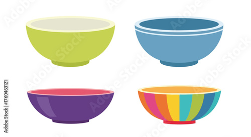 Colorful empty bowls arranged in a simple four quadrant display