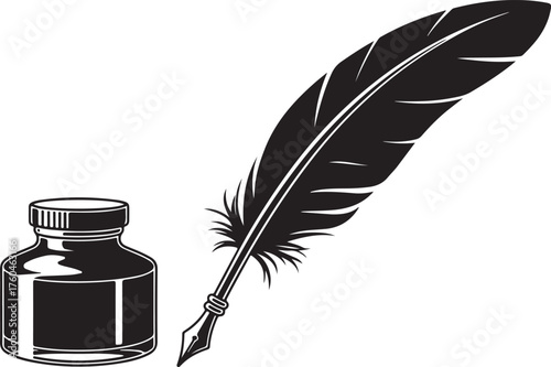 A black and white illustration of a quill pen and an inkwell on white background