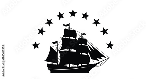 A silhouetted tall ship sailing under a starry circular arrangement