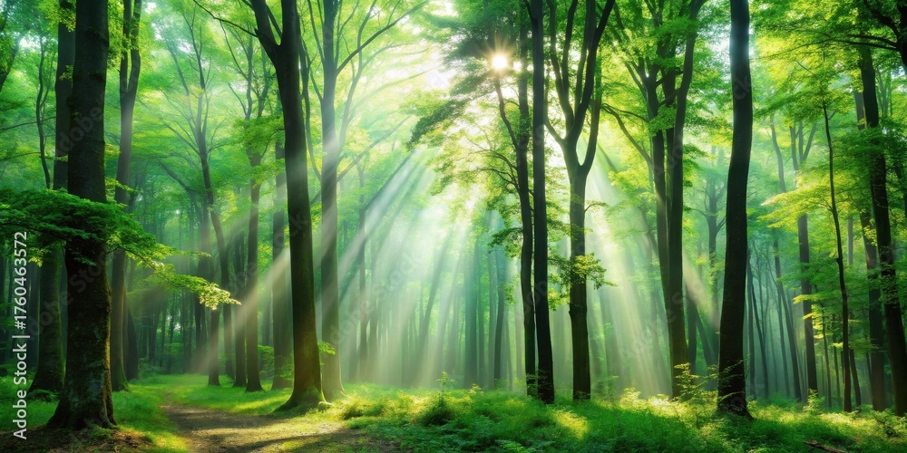 Fototapeta premium Sunbeams Illuminate a Mystical Path Through a Lush, Verdant Forest, Casting an Enchanting Glow on the Tranquil Scene