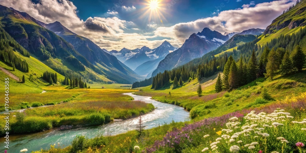 Obraz premium Serene Mountain Valley River Landscape with Blooming Wildflowers Under a Bright Sun