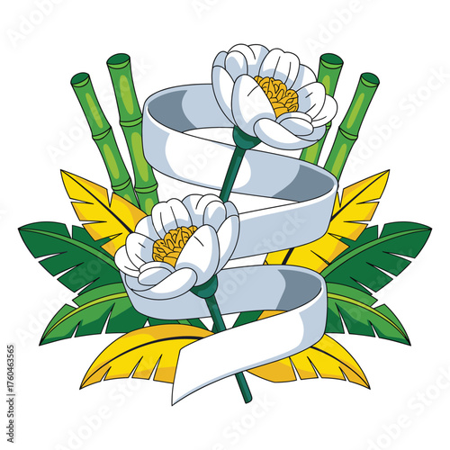 Tropical White Flowers with Bamboo and Ribbon Vector Design