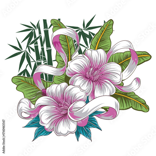 Tropical White Flowers with Bamboo and Ribbon Vector Design