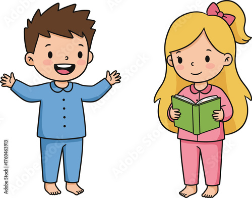 Cartoon children in pajamas reading and smiling, cheerful bedtime and morning routine scene for kids’ education, lifestyle, and wellness themes