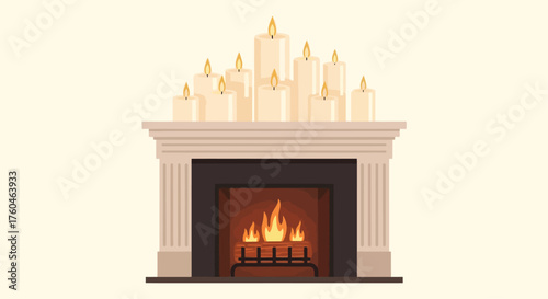 Elegant fireplace mantelpiece adorned with glowing candles and a warm fire