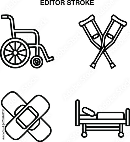 Medical equipment and healthcare symbols for patient care and treatment.