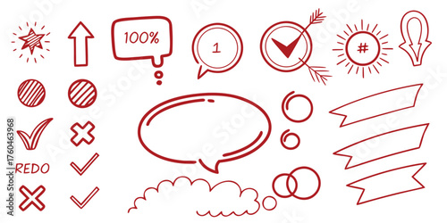 This image is a collection of hand-drawn, red-outlined doodle-style icons and design elements. They appear to be made with a rough, sketchy line.