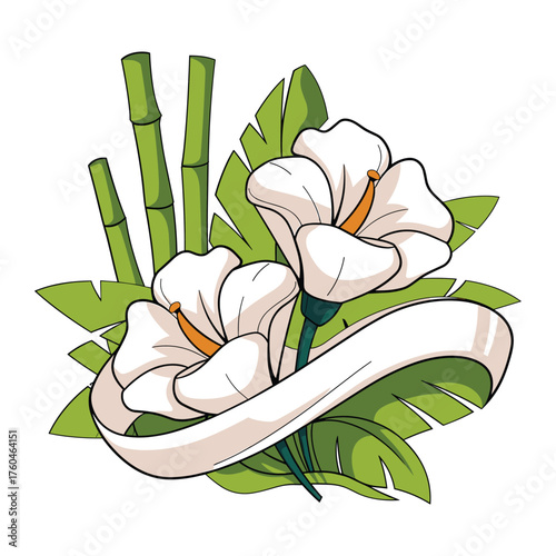 Tropical White Flowers with Bamboo and Ribbon Vector Design
