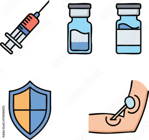A collection of colorful medical icons for vaccination and healthcare.