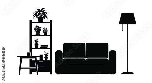 Simple living room scene with a sofa shelving unit and floor lamp