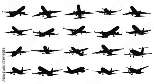 Vector art of collection of airplane silhouettes, showcasing diverse aircraft models in various flight positions, perfect for aviationthemed designs