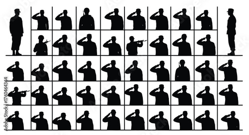 Vector art of collection of soldier silhouettes, depicting various saluting poses, ideal for militarythemed designs and patriotic representations