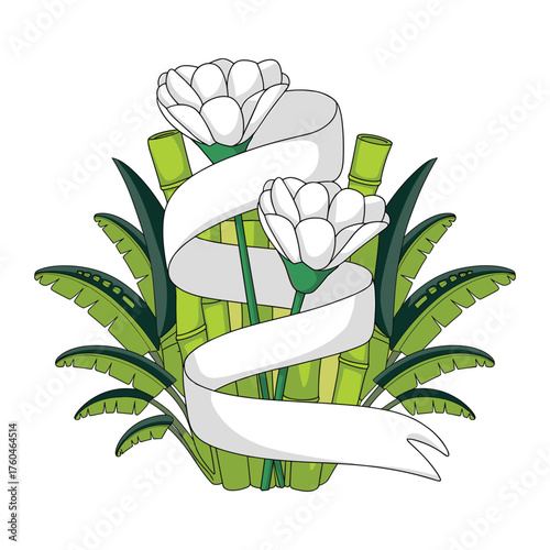 Tropical White Flowers with Bamboo and Ribbon Vector Design