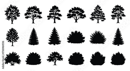 Vector art of collection of various tree and bush silhouettes, showcasing diverse shapes and sizes for landscape design and naturethemed projects