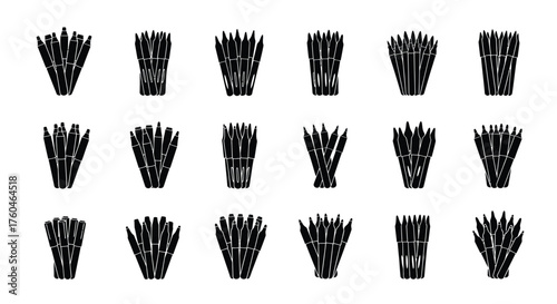 Vector art of monochrome illustration of bamboo stalk silhouettes, presenting a variety of arrangements for oriental and natural design concepts