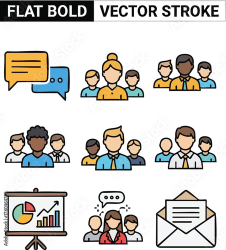 Collection of Flat Bold Vector Stroke Icons Representing Business and Communication Concepts.