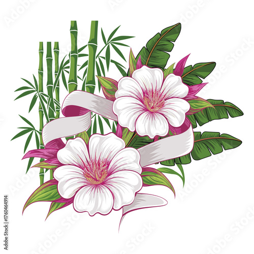 Tropical White Flowers with Bamboo and Ribbon Vector Design