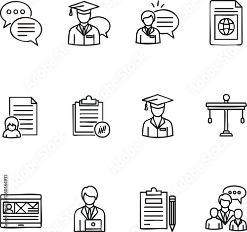 Icons representing education business and communication concepts in a minimalist style.