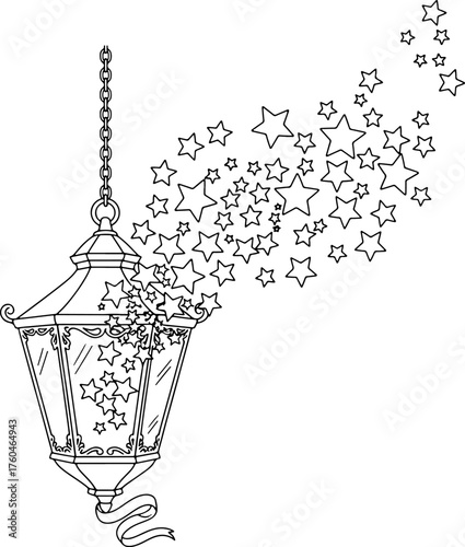 Whimsical lantern with cascading stars artistic rendering for festive occasions