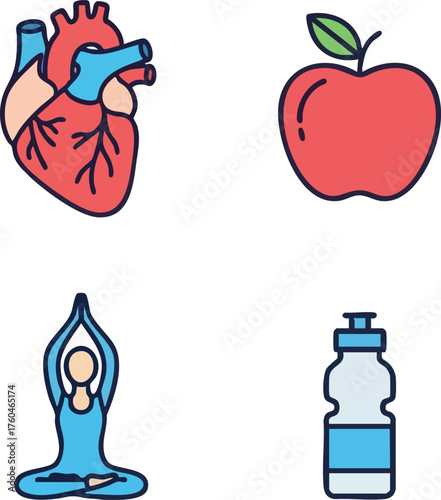 Healthy lifestyle elements heart apple yoga and water bottle for wellness.