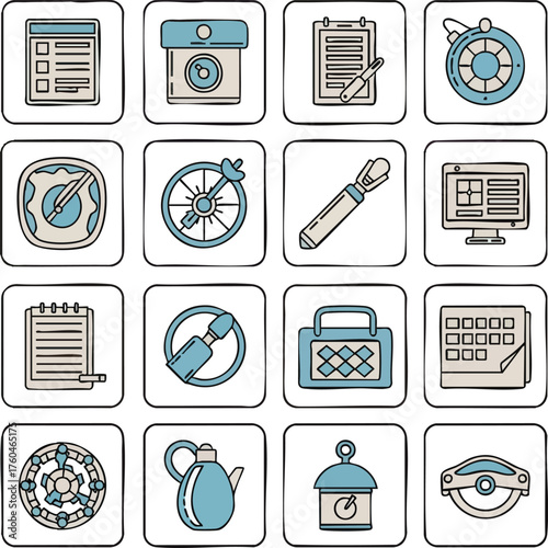A diverse collection of sixteen line art icons for various applications.