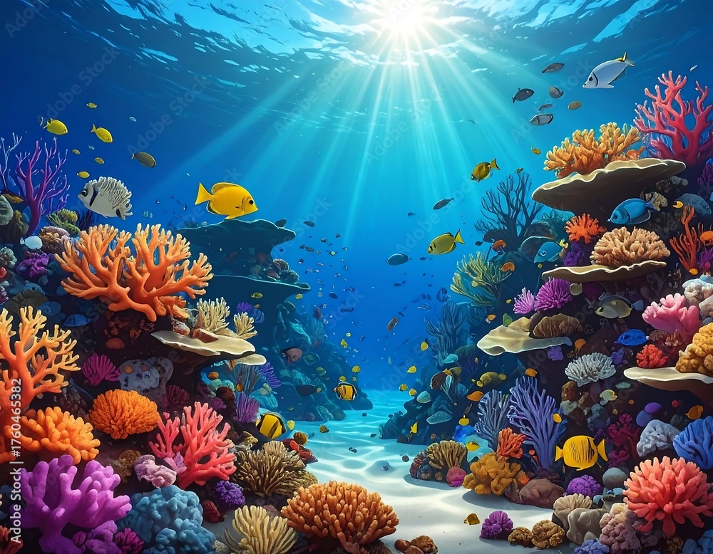 Naklejka premium Vibrant underwater scene with coral reefs and sunlight beams