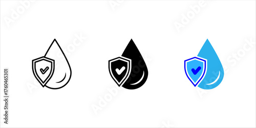 Waterproof icon set. Water resistant symbol. Water protection, liquid proof protection. Shield with water drop. Anti wetting material, surface protection. Waterproof logo, label, badge, line, vector.	