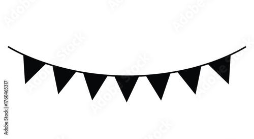 A simple black and white illustration of festive party bunting flags