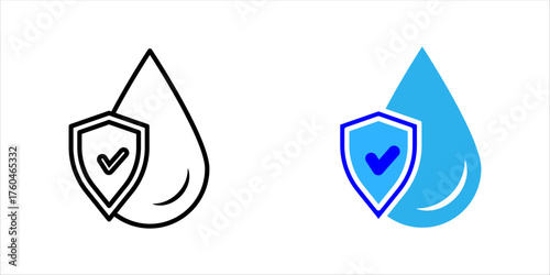Waterproof icon set. Water resistant symbol. Water protection, liquid proof protection. Shield with water drop. Anti wetting material, surface protection. Waterproof logo, label, badge, line, vector.	