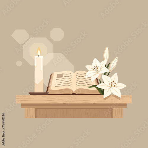 Serene moment with candle, open book, and lilies, evoking peace and reflection for thoughtful designs, perfect for quiet contemplation concepts