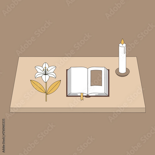 Timeless serenity featuring a delicate lily, gently opened book, and softly glowing candle create a peaceful and reflective mood perfect for contemplative designs