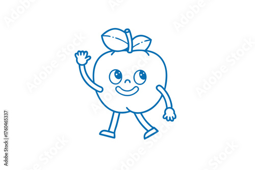 Blue outlined cartoon apple character cheerfully waves with a smile, ready for friendly interaction