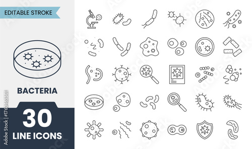 Bacteria line icons set with editable stroke. Containing bacteria, petri dish, microbe, microscope, virus and more. Vector illustration