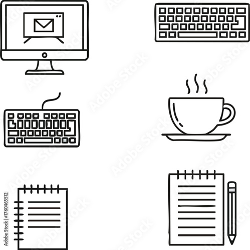 Office Essentials Computer Keyboard Coffee and Notebooks.