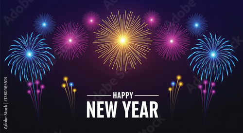 A festive illustration showcasing a vibrant New Year celebration with colorful fireworks illuminating the dark night sky, creating a joyful and exciting atmosphere.