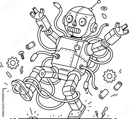 Whimsical hand drawn robot illustration falling apart with wires and gears playful design