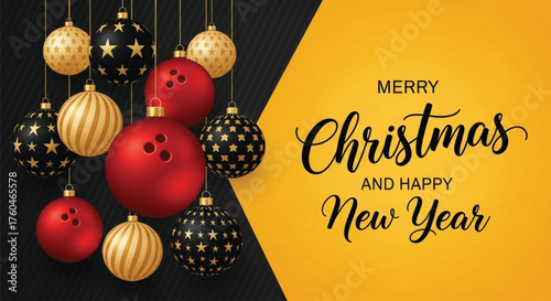 A festive illustration featuring Christmas ornaments with a bowling ball design, set against a vibrant yellow and black background, perfect for holiday celebrations.