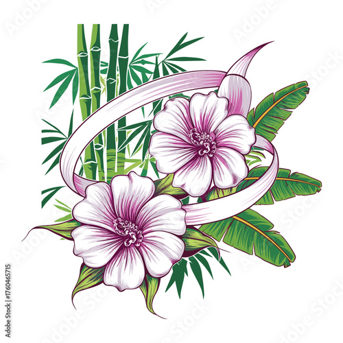 Tropical White Flowers with Bamboo and Ribbon Vector Design
